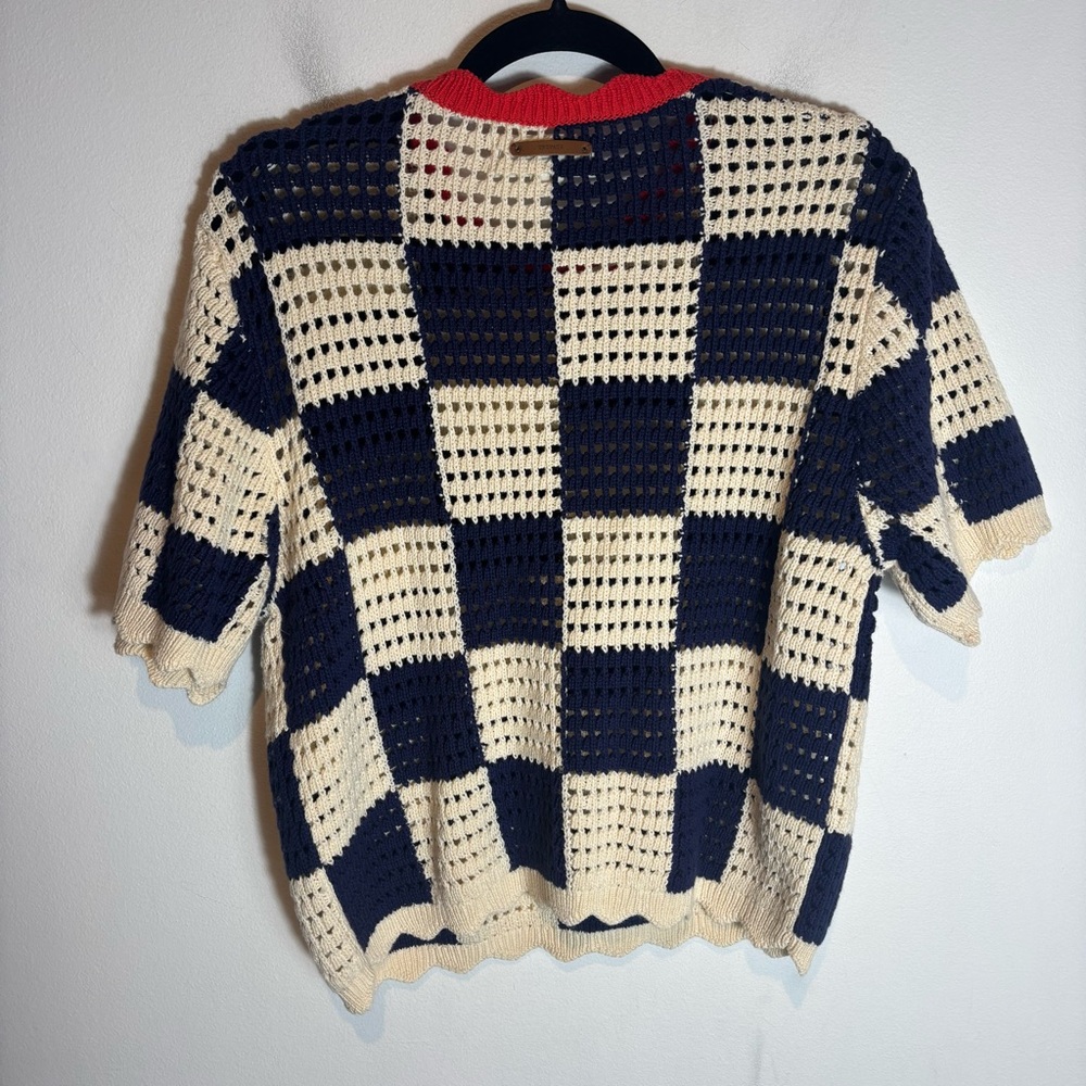 Trovata Birds Of Paradise Jules Sweater T Shirt Womens Small Crochet Check Navy - Picture 6 of 7